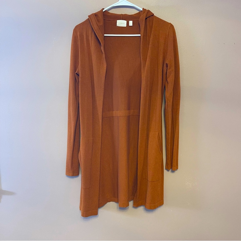 Long sweater with hood. Cyrus size small burnt orange color